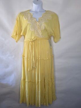 Figueroa & Flowers Embroidered Ruffle Midi Dress Boho M Yellow Dolman Sleeve NEW